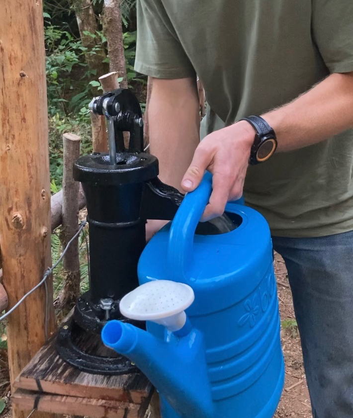 Pumping water from a black hand pump into a blue watering can.